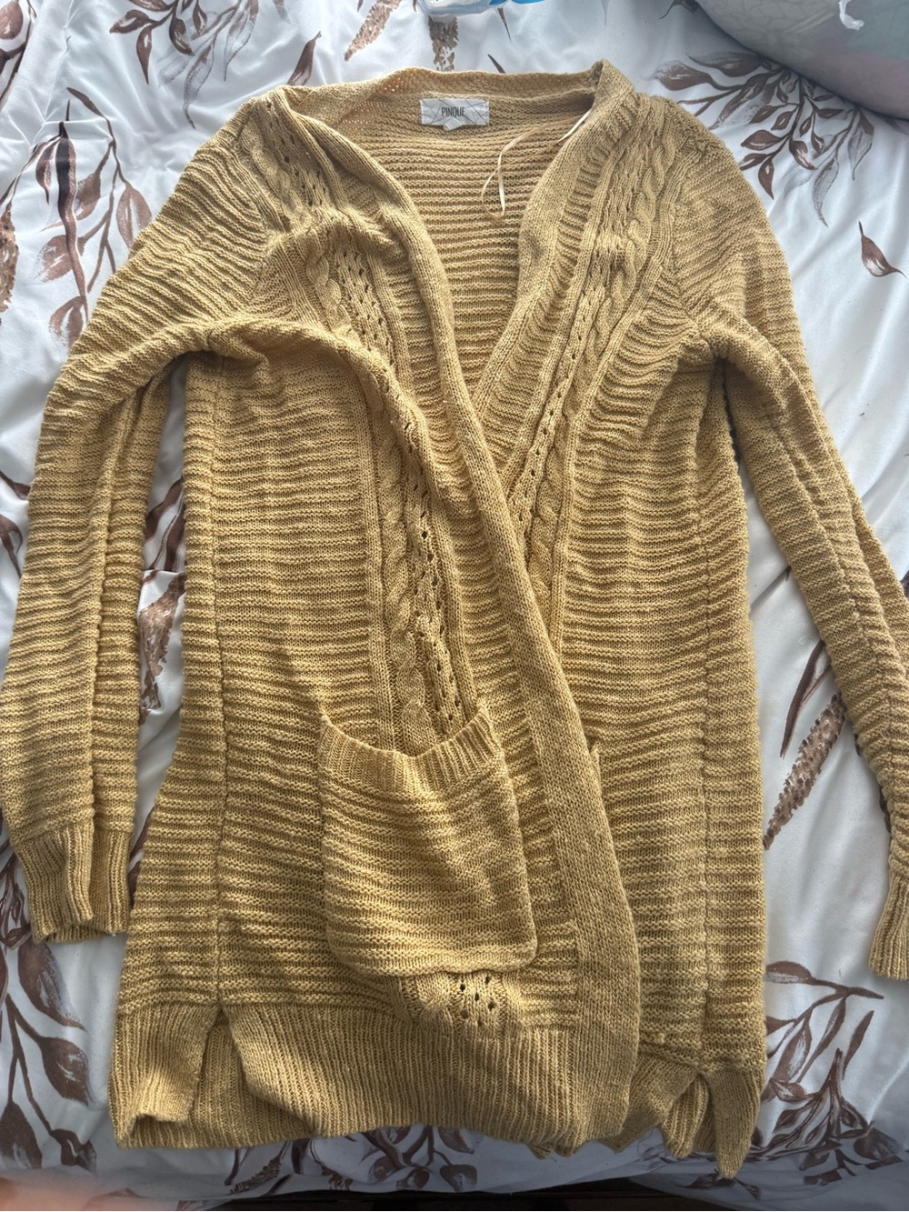 Pinque Mustard Open Front Cable-Trim Cardigan